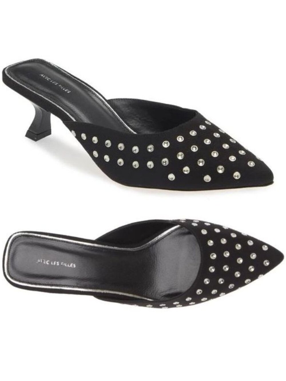 Avec Les Filles Kitten Heel Pointed Toe Mule Pumps 8 Black Suede Studs NEW